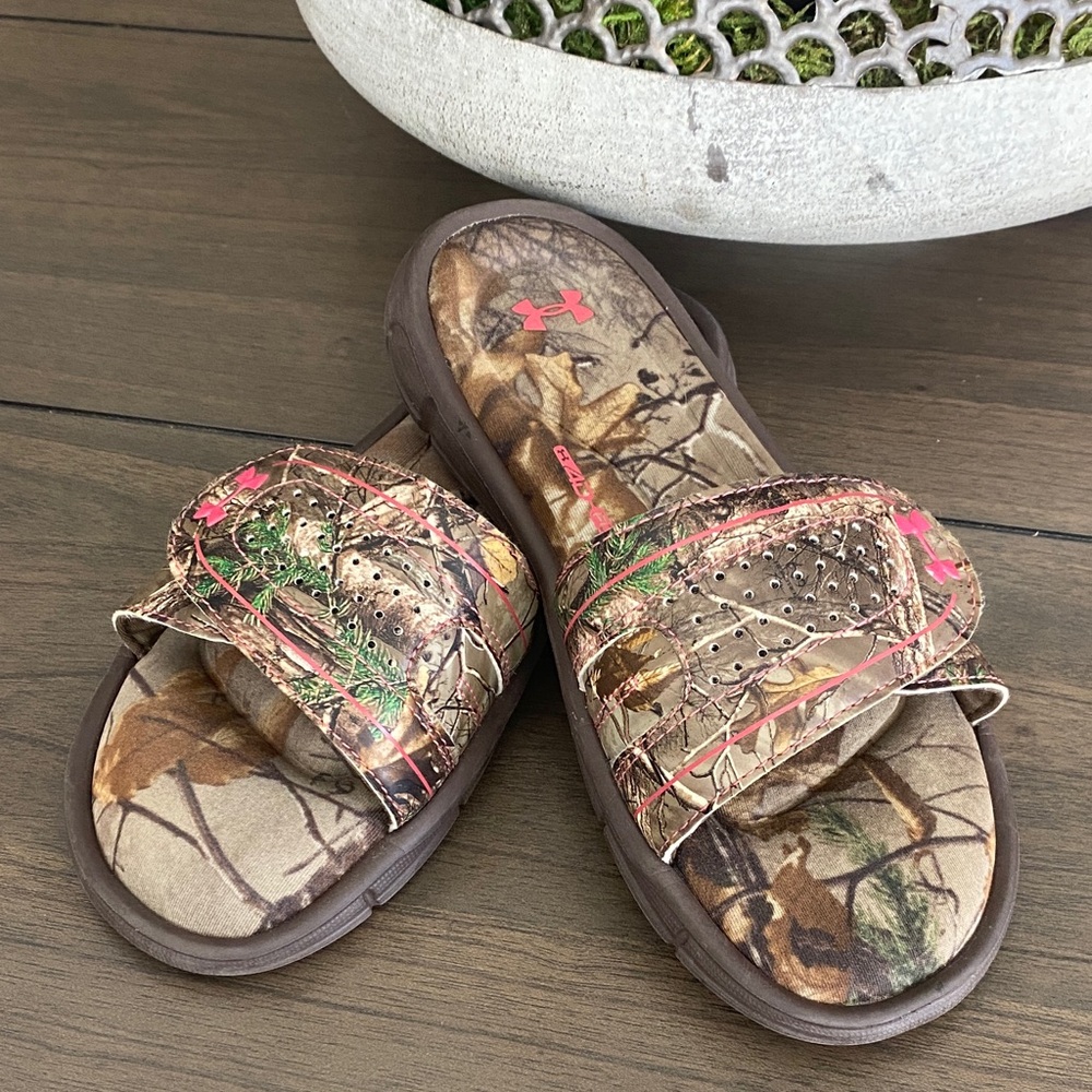 Under Armour Brown Camo Slides with Pink Accents